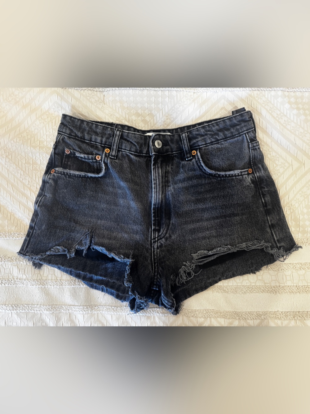 Zara The High Waist Black Washed Distressed Denim Shorts
